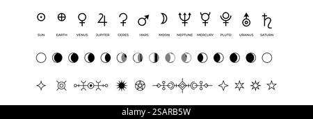 Moon phases icons. Black and white symbols of solar system planets or lunar cycle. Monochrome mystic occult outline isolated signs. Antique space objects names. Vector astrological silhouettes set. Moon phases icons. Black and white symbols of solar system planets or lunar cycle. Monochrome occult outline signs. Antique space objects names. Vector astrological silhouettes set Stock Vector