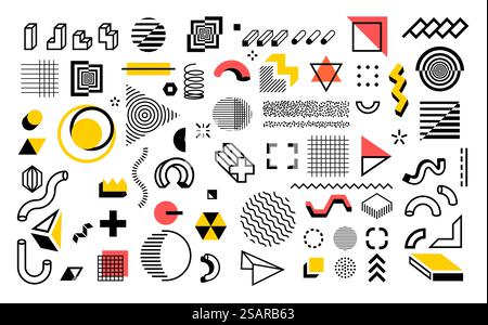 Abstract geometric shapes. Modern line memphis graphic elements. Decorative background with minimal lines and halftone figures. Composition of outline hatching forms or dots. Simple contour vector set. Abstract geometric shapes. Modern line memphis elements. Decorative background with minimal lines and figures. Composition of outline hatching forms or dots. Simple contour vector set Stock Vector