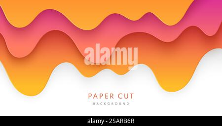 Abstract yellow, orange and sweet pink paper cut wavy shapes layers on white background. Vector background with yellow honey or melting caramel syrup. Flow of sweet sticky liquid. Vector illustration Stock Vector
