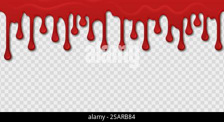 Blood seamless pattern. Realistic red paint drops and splashes on transparent background. Creepy bleeding template. Bright spooky dripping border mockup. Bloody oozing stain. Vector murder texture. Blood seamless pattern. Realistic red paint drops and splashes on transparent background. Bleeding template. Bright spooky dripping border. Bloody oozing stain. Vector murder texture Stock Vector