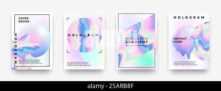 Holographic posters. Gradient minimal iridescent foil graphic mesh, neon purple and pink 90s trendy effect. Vector abstract hologram cover collection, pearlescent horizontal minimal background set. Holographic posters. Gradient minimal iridescent foil graphic mesh, neon purple 90s trendy effect. Vector abstract hologram cover collection, pearlescent horizontal background set Stock Vector