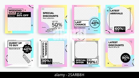 Square fashion banners. Sale promotion abstract post template. Memphis web flyers of special discount. Pastel geometric frames with color gradient and copy space. Vector mockup for online advertising. Square fashion banners. Sale promotion abstract post template. Memphis web flyers of special discount. Geometric frames with color gradient and copy space. Vector online advertising Stock Vector