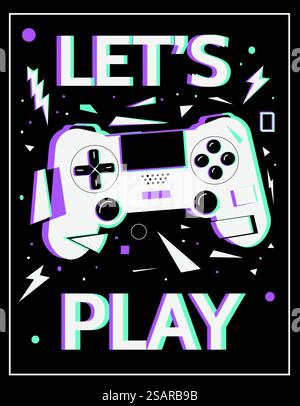 Gamer poster. Let&rsquo;s play concept. White gamepad and abstract geometric shapes with graffiti colorful glitch effect. Minimal joystick for character control in video games. Vector black flat banner. Gamer poster. Let&rsquo;s play concept. White gamepad and abstract geometric shapes with graffiti colorful glitch effect. Joystick for character control in video games. Vector black banner Stock Vector