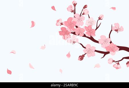 Cartoon japanese cherry blossom and falling petals background. Sakura ...
