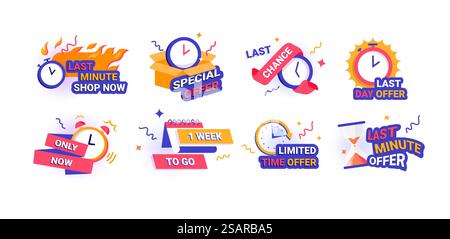 Time banners. Limited promo badges. Countdown of week or days and hours until end of special offer. Last chance to take part. Memphis style stickers with minimal elements and lettering, vector set. Time banners. Limited promo. Countdown of week or days and hours until end of special offer. Last chance to take part. Memphis stickers with minimal elements and lettering, vector set Stock Vector