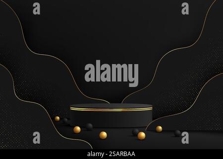 Abstract realistic 3D black cylinder pedestal podium with layers wavy shapes backdrop and glowing golden glitter. Luxury scene for product display presentation. Vector geometric rendering platform. Stock Vector