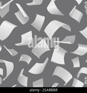 Flying paper pattern. Seamless texture of chaotic falling document pages. Realistic blank note sheet templates with curled edges. Blown away white letters. Office stationery. Vector background mockup. Flying paper pattern. Seamless texture of falling document pages. Realistic blank note sheets with curled edges. Blown away white letters. Office stationery. Vector background mockup Stock Vector