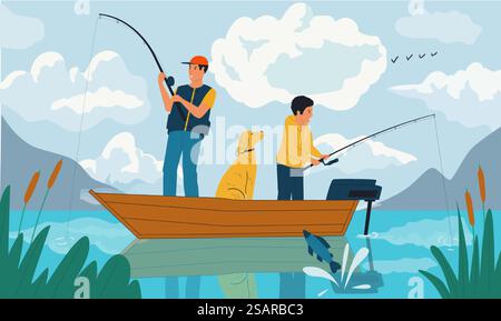 Family fishing. Cartoon father and son catching fish with rods from boat on lake. Summer hobby and outdoor leisure activity. Natural scenic view of water and mountains. Vector fisherman illustration. Family fishing. Father and son catching fish with rods from boat on lake. Summer hobby and outdoor leisure activity. Scenic view of water and mountains. Vector fisherman illustration Stock Vector