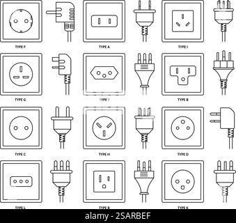 AC sockets with power plugs. Outlet and connector types from different countries around the world, electrical power point and charge cable vector line icons set. Charging household appliance. AC sockets with power plugs. Outlet and connector types from different countries around the world, electrical power point and charge cable vector line icons set Stock Vector