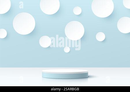 Abstract 3D room and realistic blue cylinder pedestal podium with white circles or polka dot scene. Minimal scene for product display presentation. Vector geometric platform design. Stage for showcase Stock Vector