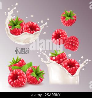 Realistic vector set of fresh raspberries in milk splash or yogurt, ripe berries, natural milk splash, 3d illustration. Realistic vector set of fresh raspberries in milk splash or yogurt with drops, ripe berries, natural milk splash, 3d illustration Stock Vector