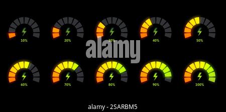 Power level indicator animation. Energy meter, battery gauge bar and ...