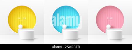 Set of realistic 3d white cylinder pedestal podium with pastel yellow, blue, pink in round circles window background. Abstract vector rendering geometric form. Mockup product display. Minimal scene. Stock Vector
