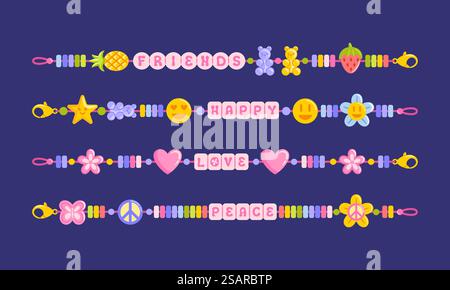 A colorful set of DIY jewelry including friendship bracelets. Letter beads. The design showcases hippie vibes, emoji motifs, gummy bears, and Y2K aest Stock Vector