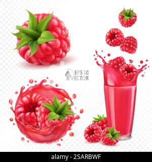Ripe raspberries and fresh berries in juice splash with drops, transparent splash, 3d realistic vector icon set. Set of ripe raspberries in transparent juice splash with drops, fresh juice in a glass, 3d realistic vector illustration Stock Vector