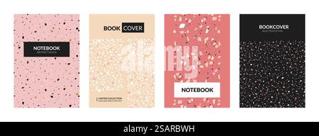 Terrazzo book cover. Abstract Italian concrete textures for notebooks. Marble stone mockup with chaotic colorful particles and splinters. Vector decorative copybook minimal pastel design templates set. Terrazzo book cover. Abstract Italian concrete textures for notebooks. Marble stone mockup with chaotic particles and splinters. Vector decorative copybook pastel design templates set Stock Vector