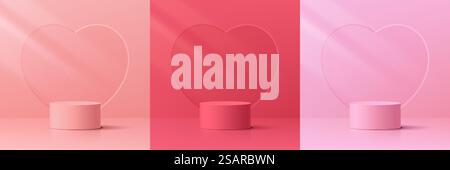 Set of 3D valentine day background with pink, red, coral pink realistic cylinder pedestal podium. Heart texture scene. Vector geometric form. Mockup product display. Minimal wall scene. Stage showcase Stock Vector