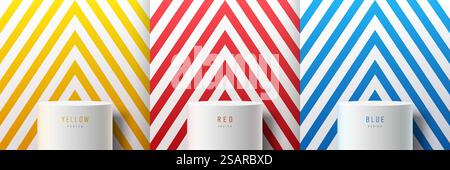 Set of yellow, red, blue, white triangles stripes pattern background with white cylinder stand podium. Minimal wall scene mockup product display. Abstract vector geometric forms. Round stage showcase. Stock Vector