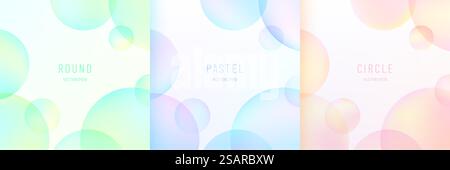 Set of round circle overlap layers pattern bubble design in blue hologram, yellow pink, soft green color. Polka dots pastel color pattern on white background with copy space.  Vector illustration. Stock Vector