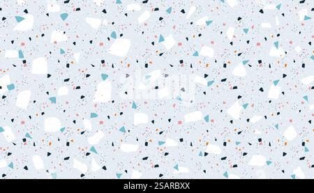 Terrazzo background. Abstract trendy marble rock wallpaper with granite stone pieces. Mosaic concrete decorative texture. Blue surface and chaotic splinters and dots. Vector flooring tiles template. Terrazzo background. Abstract marble rock wallpaper with granite stone pieces. Mosaic concrete decorative texture. Blue surface and chaotic splinters and dots. Vector flooring tiles Stock Vector