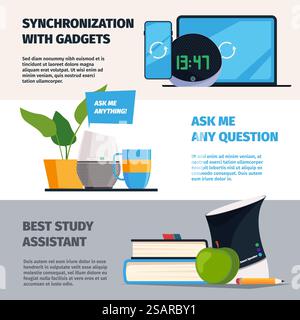 Smart speakers. Different home electric web devices for smart home digital voice connection garish vector horizontal banners templates. Smart speaker wireless banner illustration. Smart speakers. Different home electric web devices for smart home digital voice connection garish vector horizontal banners templates Stock Vector