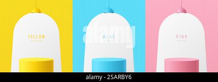 Set of yellow, blue, pink cylinder stand podium with vertical line pattern background and hanging lamp. Vector rendering geometric form. Mockup product display. Abstract minimal scene. Stage showcase. Stock Vector