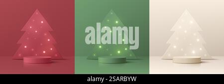 Set of 3D abstract with red, cream, green realistic cylinder podium. Neon light bulb on christmas tree background. Vector geometric forms. Mockup product display. Minimal wall scene. Stage showcase. Stock Vector