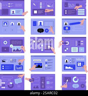 Hands ui programming. Designers creating app interfaces web templates marketing set recent vector illustrations uix. Development programming and web ui. Hands ui programming. Designers creating app interfaces web templates marketing set recent vector illustrations uix Stock Vector