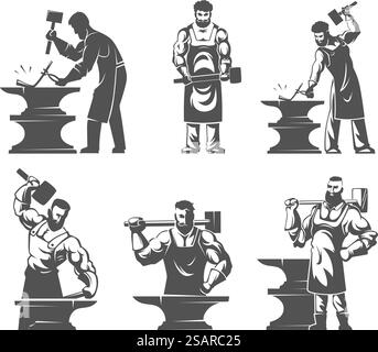 Blacksmith labels. Workshop emblems templates with strong heavy worker on blacksmith exact vector steel armor and weapons pictures. Blacksmith emblem workshop, metal iron symbol craft. Blacksmith labels. Workshop emblems templates with strong heavy worker on blacksmith exact vector steel armor and weapons pictures Stock Vector