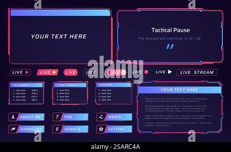 Live streaming interface. UI frames for video conference. Isolated buttons and list of sponsors. Technical pause screen. Multimedia player. Blank borders with copy space. Vector digital elements set. Live streaming interface. UI frames for video conference. Buttons and list of sponsors. Technical pause screen. Multimedia player. Blank borders with copy space. Vector elements set Stock Vector