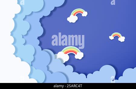 Beautiful fluffy clouds on blue sky background with rainbow. Vector illustration. Paper cut style. Place for text Stock Vector