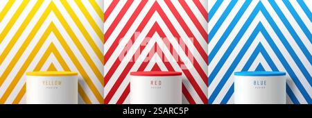 Set of yellow, red, blue, white triangles stripes pattern background with white cylinder stand podium. Minimal wall scene mockup product display. Abstract vector geometric forms. Round stage showcase. Stock Vector