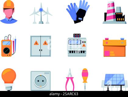 Electric equipment. Lightning power industrial glowing electricity tools garish vector voltmeter colored pictures. Illustration of equipment power and supply technology. Electric equipment. Lightning power industrial glowing electricity tools garish vector voltmeter colored pictures Stock Vector