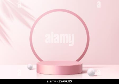 Product display podium decorated with pearls and leaf shadow on cherry blossom pink background, 3d illustration . Elegant product display podium Stock Vector