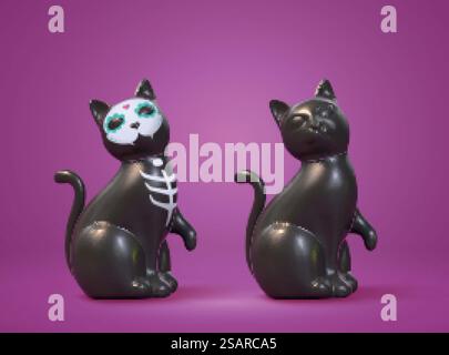 3d black cat set on purple background. One cat with sugar skull mask and the other without. Elements suitable for Dia de los muertos and Halloween witch familiar. 3d black cat collection Stock Vector