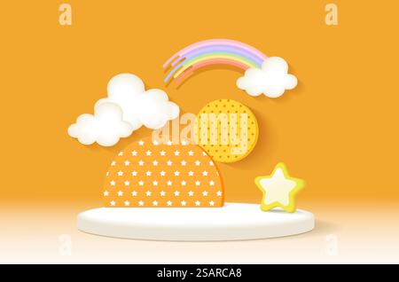 3D podium background, Realistic orange cylinder pedestal, and overlap radial circles scene. Abstract composition in minimal design. Platforms mockup product display presentation. Stage showcase. Stock Vector