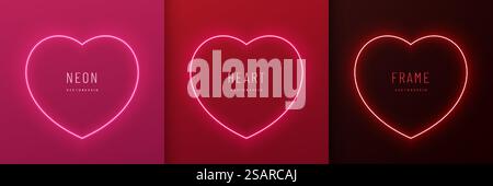 Set of neon light heart shape frame design on red, pink, black background. Elements valentine day festival design. Collection of geometric backdrop for product display in top view scene. Vector EPS10. Stock Vector