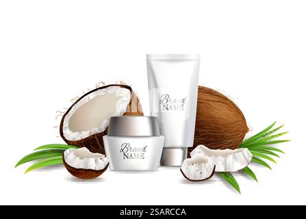 Natural coconut cosmetics, vector illustration. Realistic coco fruit whole, half and pieces, cream tube, jar, palm leaves. Coconut skin care product composition for poster, banner, etc.. Natural coconut skin care cosmetics, vector illustration Stock Vector