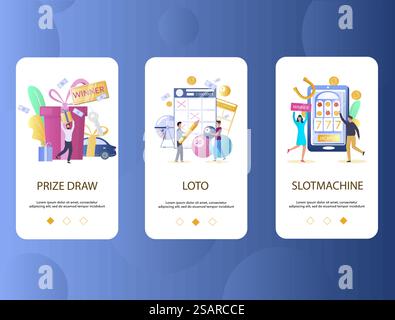 Prize draw, Lotto, Slot machine mobile app onboarding screens. Menu banner vector template for website and application development. Gambling industry concept.. Prize draw, Lotto, Slot machine mobile app onboarding screens. Menu banner vector template for website and application development. Gambling industry concept Stock Vector