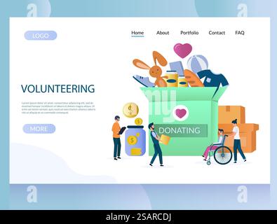 Volunteering vector website template, web page and landing page design for website and mobile site development. Donating, charity, fundraising concept with big donation box, tiny characters volunteers. Volunteering vector website landing page design template Stock Vector