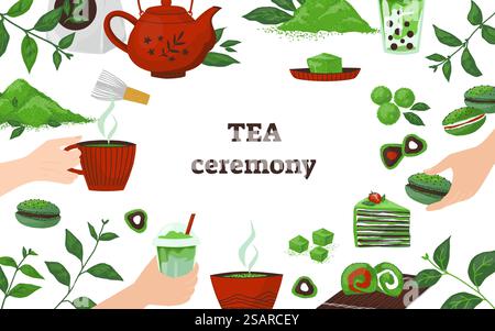 Matcha frame. Cartoon Japanese green tea products border. Powder heaps. Latte or cocktail cups. Tasty macaroons and cakes. Plants branches with leaves. Drinking ceremony. Vector Asian food background. Matcha frame. Cartoon Japanese green tea products border. Powder heaps. Latte or cocktail cups. Macaroons and cakes. Plants with leaves. Drinking ceremony. Vector Asian food background Stock Vector