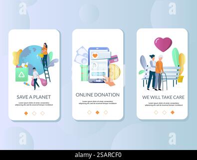 Volunteering mobile app onboarding screens. Menu banner vector template for website and application development. Save planet Earth, online donation and care for disabled people.. Volunteering mobile app onboarding screens vector template Stock Vector