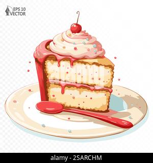 Piece of cake with cherry glaze and whipped cream. Confectionery decorated dessert. 3d vector food illustration for packaging design, postcard and advertising. Piece of cake with cherry and whipped cream. Confectionery decorated dessert. 3d vector food illustration for packaging design, postcard and advertising Stock Vector