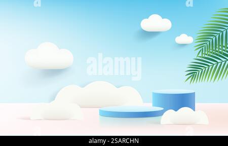 Cute elements for summer design, cloud, palm leaf. Round podium for product presentation in 3d creative composition. Stock Vector