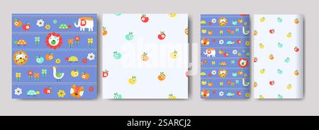 Seamless patterns for kids, cute graphic elements, elements with cute animals, hand-drawn in children&rsquo;s style used for fabric, textile, print, and decorative wallpaper, wrapping paper Stock Vector