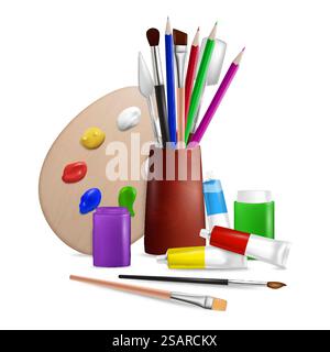 Artist palette with tools for painting, vector illustration. Realistic brushes, paint tubes, knives and pencils on white background. Art supplies composition for poster, banner, card etc.. Artist palette with art tools and supplies, vector illustration Stock Vector