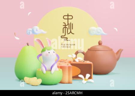 3d creative greeting card. Cute rabbit sitting in a pomelo with tasty mooncake and Chinese ceramic teapot. Concept of traditional Asian autumn food. Translation: Mid Autumn Festival.. Mid Autumn Festival mooncake card Stock Vector