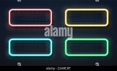 Neon rectangle lamps. Realistic square glowing frames. 3D electric lighting signboard templates hang on wall. Isolated colorful geometric line borders set. Vector retro fluorescent banner elements. Neon rectangle lamps. Realistic square glowing frames. 3D lighting signboard templates hang on wall. Isolated colorful geometric line borders set. Vector fluorescent banner elements Stock Vector