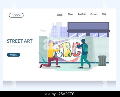 Street art vector website template, web page and landing page design for website and mobile site development. Graffiti art artists teenagers wearing hoodie painting wall with paint spray.. Street art vector website landing page design template Stock Vector
