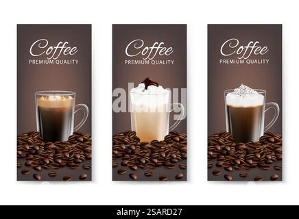 Coffee flyer set, vector realistic illustration. Coffee beans, mugs with beverages and lettering composition for advertising poster, banner etc.. Coffee advertising flyer set, vector realistic illustration Stock Vector